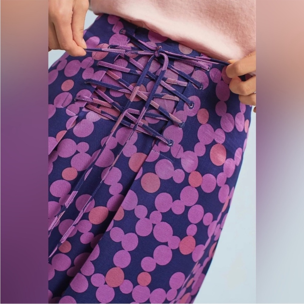 Anthropologie Maeve Zadie Lace Up Midi Skirt Purple Polka Dot Sz 8 - Picture 2 of 11